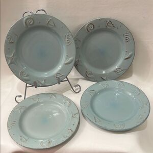 Thomson Pottery Elegant Blue Brown 8 1/4 In 4 Salad Plate Saucer Ocean Seashells